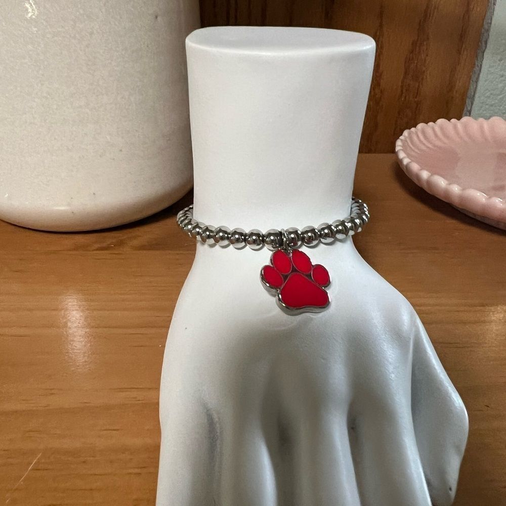 NWOT Silver Beaded Bracelet with Red Paw Charm #J3